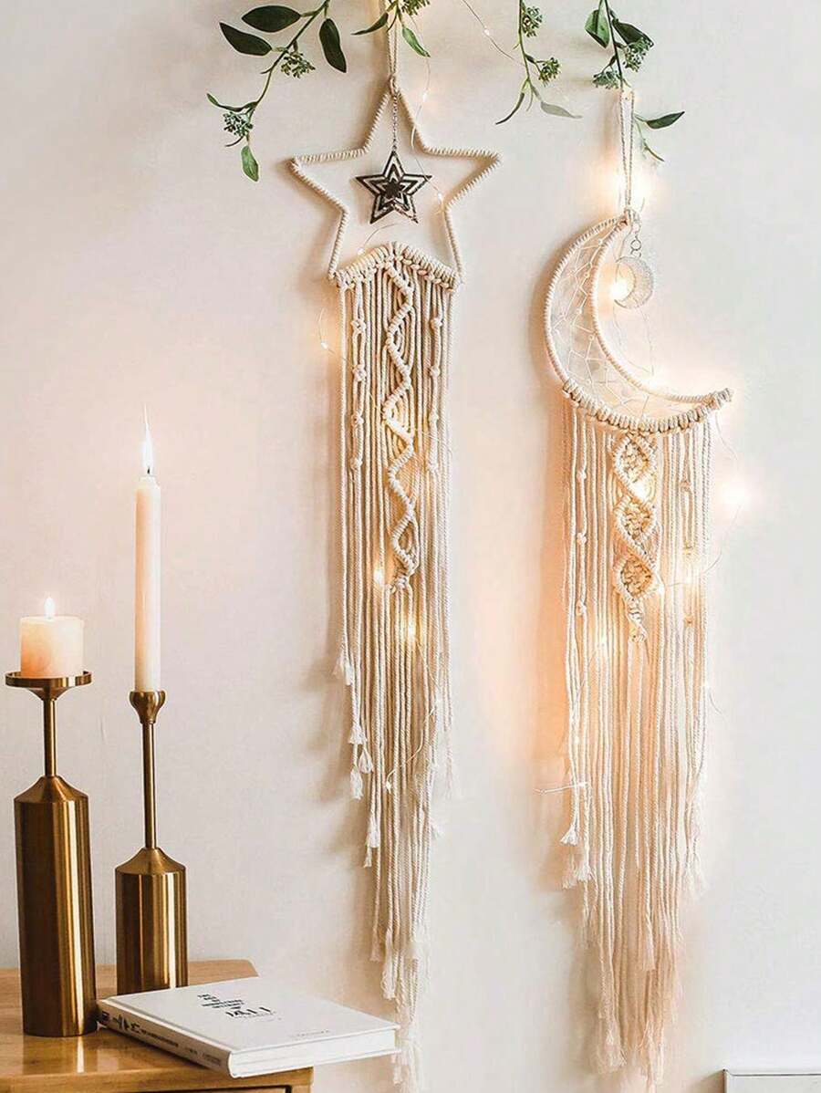 Atrapasueños con luz LED de luna/estrella hecho a mano con encaje bohemio, decoración colgante tejida para pared, decoraciones navideñas, decoraciones para vacaciones, regalos para mamá, amigas, mujeres, decoración de pared, dormitorio, habitación, boda, decoración del hogar - multicolor - Ver 1