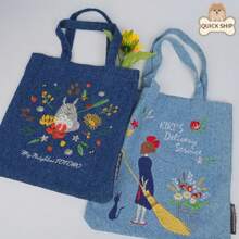 Denim Tote Bag,Black Cat Shopping Bag,Reusable Shoulder Bag,Handmade Fall Winter Bags