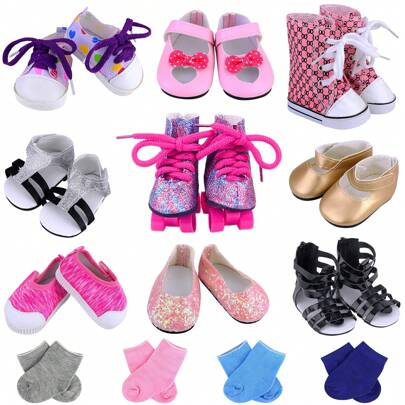 18 Inch Girl Doll Accessories Includes 9 Pairs Of Shoes And 4 Pairs Of Random Color Socks Fit For 18 Inch Girl Doll - Sandals, Casual Shoes, Canvas Shoes, Roller Skates Ect Baby Doll Shoes