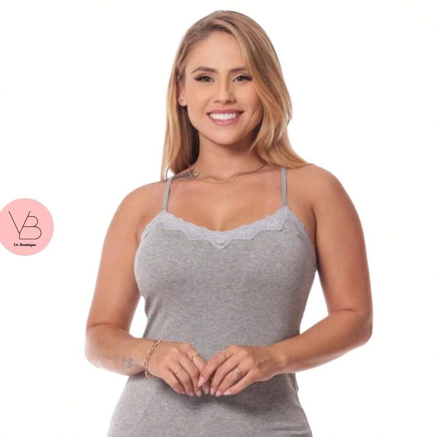 Lace Tank Top With Straps And Cups - 灰色 - 查看 1