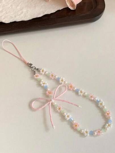 سلسلة هاتف بخرز على شكل زهرة وفيونكة بسيطة، سلسلة قصيرة لأسلوب الهاتف والأذن والحقيبة والكاميرا، اكسسوارات وهدايا للأم والعائلة والأصدقاء وأعياد الميلاد والمناسبات ، تمائم هاتف وسلاسل