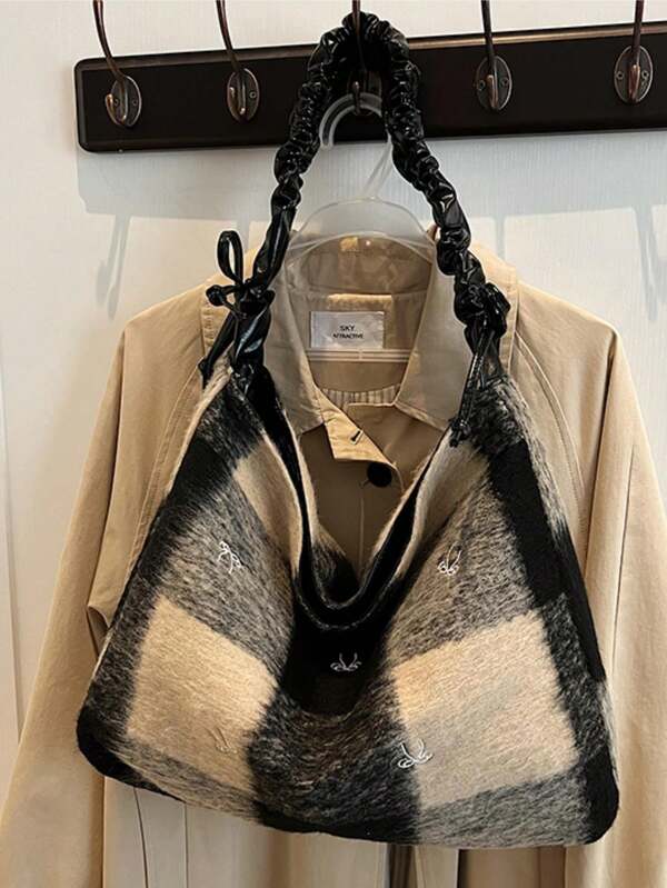 2025 New Large Capacity Tote Bag Versatile Plaid Shoulder Commuter Tote Bag