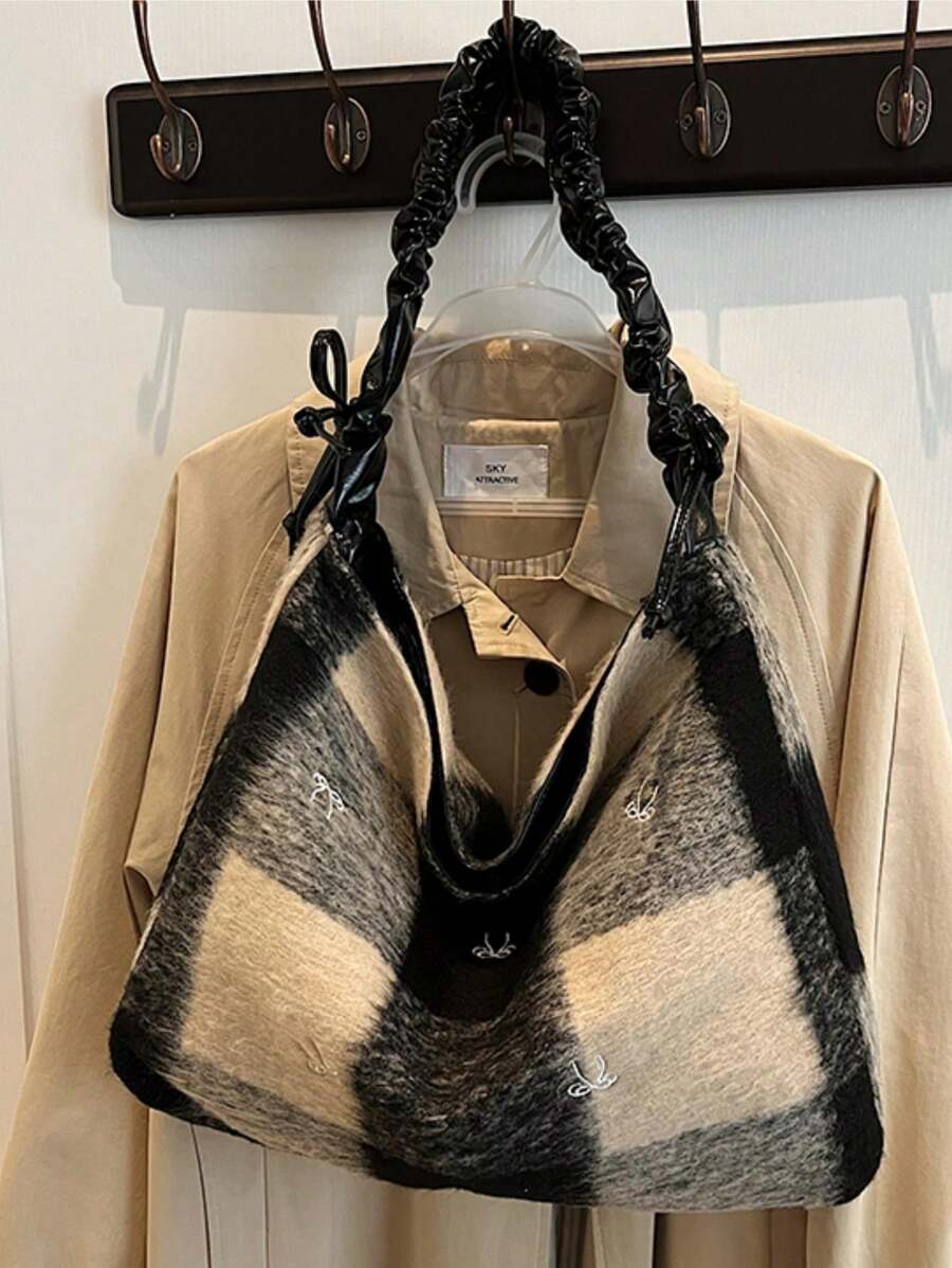 2025 New Large Capacity Tote Bag Versatile Plaid Shoulder Commuter Tote Bag - Black - View 1