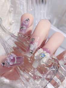24pcs Purple Press On Nails Medium Coffin Fake Nails Purple And White Gradient Acrylic Nails With 3D Flower Bowknot And Rhinestone Design Glossy Glue On Nails For Women Girls