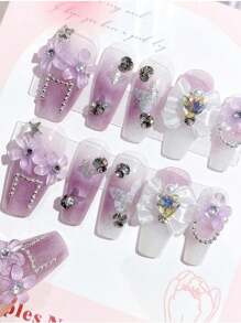 24pcs Purple Press On Nails Medium Coffin Fake Nails Purple And White Gradient Acrylic Nails With 3D Flower Bowknot And Rhinestone Design Glossy Glue On Nails For Women Girls