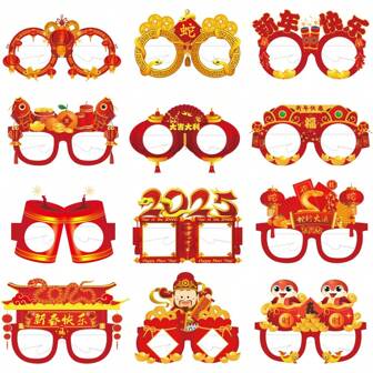 12pcs 2025 Happy Spring Festival In The Year Of The Snake Paper Decorative Glasses Photography Props
