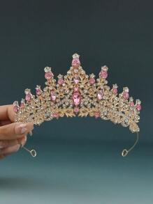 1 pieza Corona de aleación con cristal de diamante en forma de lágrima color rosa fashionable, adecuada para que las mujeres la usen en bodas, cumpleaños, fiestas