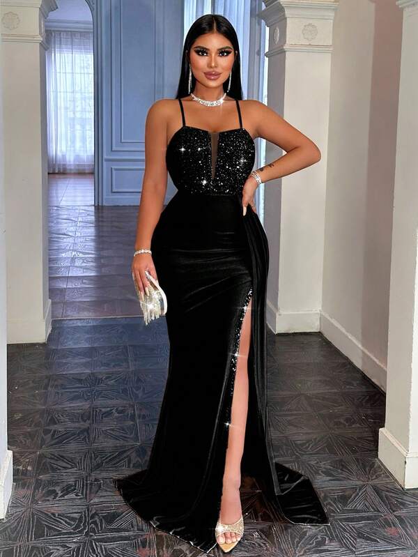 CHOSMO Black Formal Dress Prom Dresses For High School Back Zip Up Backless Sequin Spliced Maxi High Waist And Side Slit Ribbon Slim Fit Elegant Evening Dress Women's Prom Dress