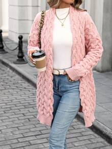 Solid Color Mid-Length Cardigan Sweater Jacket, Long Sleeve Casual Loose Knit Outwear, Elegant & Versatile