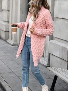 Solid Color Mid-Length Cardigan Sweater Jacket, Long Sleeve Casual Loose Knit Outwear, Elegant & Versatile