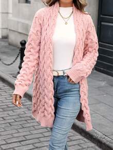 Solid Color Mid-Length Cardigan Sweater Jacket, Long Sleeve Casual Loose Knit Outwear, Elegant & Versatile