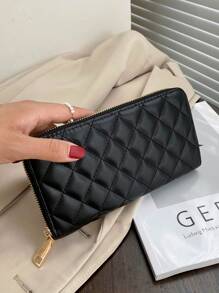 1pc Quilted Decor PU Leather Zipper Long Wallet, Fashionable For Women Daily Use And Gift Wallet Purse Wallet Mini Wallet
