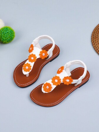 1 双女童拼色花卉图案松紧带平底沙滩凉鞋，夏季新品