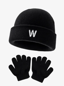Set de 2 piezas de gorro de punto y guantes suaves, cálidos y a prueba de viento con 26 letras, adecuado para bebés niños y niñas en otoño e invierno