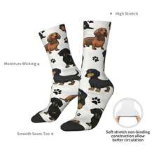 1 par de Calcetines alocados, estampado de perro salchicha divertido y feliz, de estilo Harajuku retro y de hip hop, diseño lindo y novedad