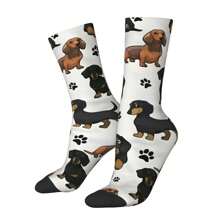 1 par de Calcetines alocados, estampado de perro salchicha divertido y feliz, de estilo Harajuku retro y de hip hop, diseño lindo y novedad
