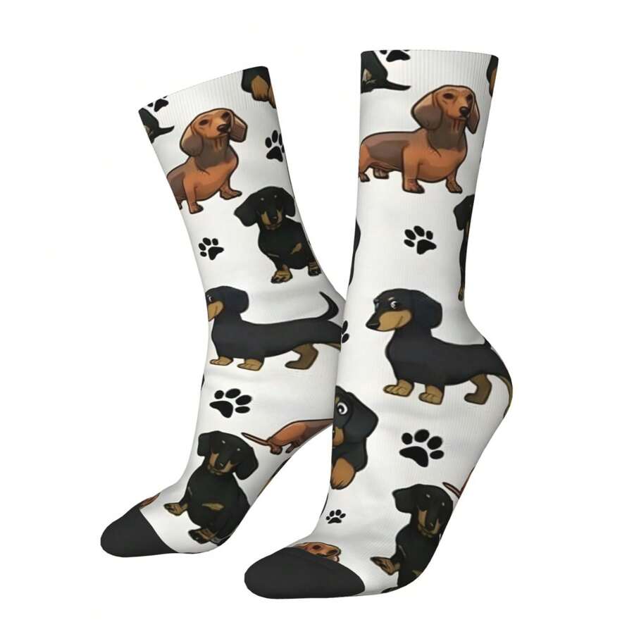 1 par de Calcetines alocados, estampado de perro salchicha divertido y feliz, de estilo Harajuku retro y de hip hop, diseño lindo y novedad