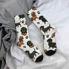 1 par de Calcetines alocados, estampado de perro salchicha divertido y feliz, de estilo Harajuku retro y de hip hop, diseño lindo y novedad