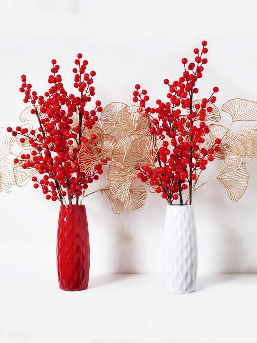 塑料花瓶配白冬青、柳枝和逼真花朵，时尚水培装饰节日装饰礼物生日毕业 - 彩色 - 查看 1