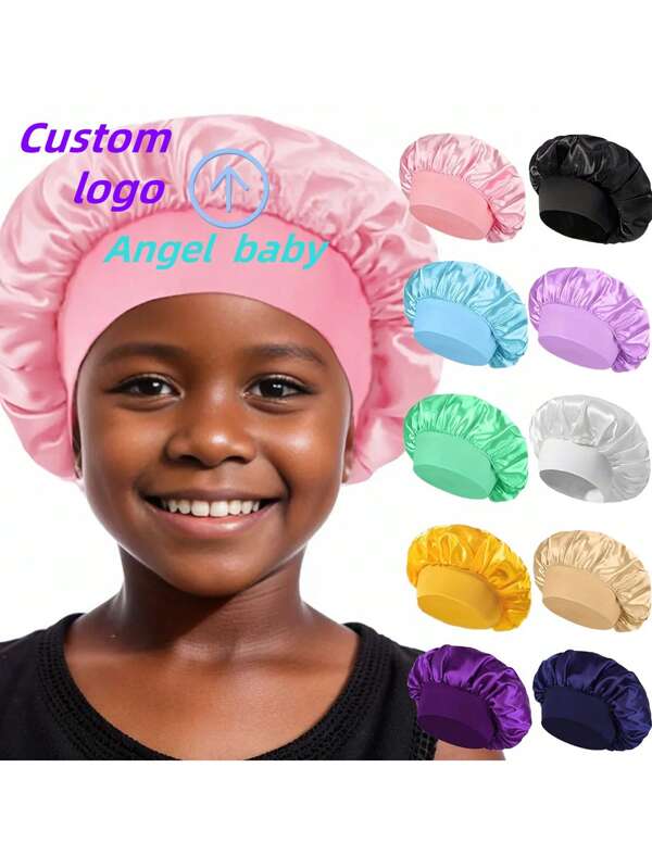 Touca de dormir infantil de cetim personalizada, gorro pequeno de seda sintética elástica com logotipo e nome, chapéu para cuidados com os cabelos do bebê