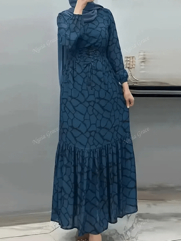 فستان عربي طويل وأنيق مطبوع بالكامل للنساء، مناسب لأيام الاستقلال والتخرج والربيع والصيف، محتشم