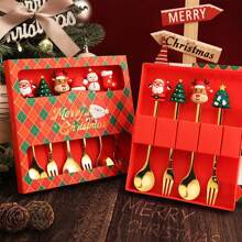 طقم ملعقة عيد الميلاد من الفولاذ المقاوم للصدأ 6 قطع، طقم ملعقتي وشوكة عيد ميلاد بتصميم طبق الحلوى