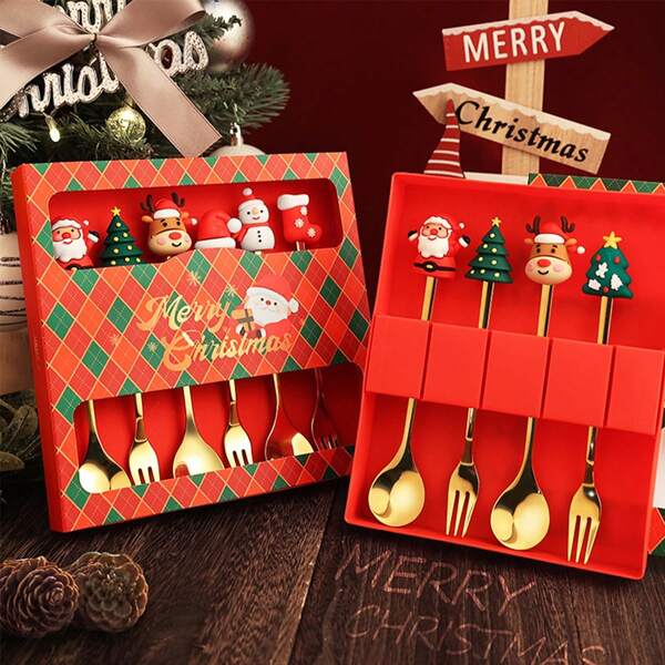 Set di 6 cucchiaini natalizi in acciaio inossidabile, set di cucchiai e forchette con stile di dessert e Ins, per Natale