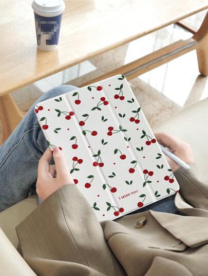 樱桃图案保护壳兼容 iPad 10.2 英寸 2021/2020 iPad 第 9/8 代，兼容三星 Galaxy Tab A8 10.5 英寸 2022，兼容华为 Matepad 10.4/Tab 保护套，带笔架，支持自动睡眠/唤醒盖