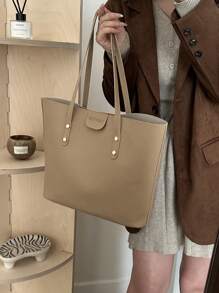Túi Tote Đeo Vai Đơn Giản, Giản Dị, Nghệ Thuật, Thời Trang, Phong Cách Cổ Điển, Sức Chứa Lớn, Cầm Tay Cho Nữ, 2024 - Màu Khaki - Xem 4