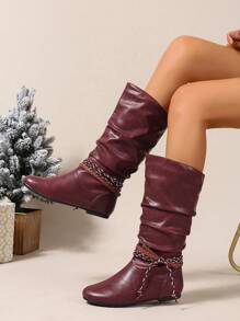 1 Đôi bốt Chelsea mũi tròn bằng da PU màu đỏ tía, buộc dây bất đối xứng, đế bằng, thời trang đa năng, thoải mái dành cho nữ - Màu Đỏ Sâu - Xem 1