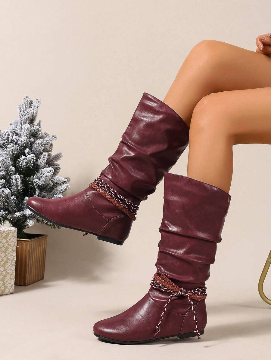 1 Đôi bốt Chelsea mũi tròn bằng da PU màu đỏ tía, buộc dây bất đối xứng, đế bằng, thời trang đa năng, thoải mái dành cho nữ - Màu Đỏ Sâu - Xem 1