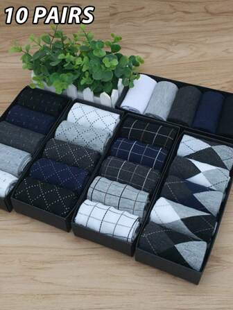 10 Pairs Men's Socks, Polyester Knitted Fabric, Geometric Pattern, Business Casual Mid-Calf & Dotted Design, Random Color (No Gift Box), Fall