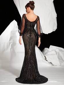 露背闪亮网眼长袖正式晚礼服（带拖尾）、派对礼服、婚礼宾客礼服、晚礼服 - 黑色 - 查看 2