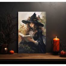 Whimsical Witches Read In Magical Fall Forest Watercolor Canvas Wall Art, Witch Art, Witch Wall Art, Dark Cabin Nuclear Halloween Decorations