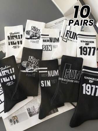 10 pares de calcetines deportivos para hombres, negros y blancos, con gráficos de letras y números de moda