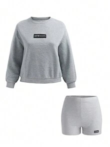 Set da donna taglie comode, composto da 2 pezzi: felpa casual con stampa a lettere e pantaloncini, adatto per autunno/inverno - Grigio - Visualizzare 4