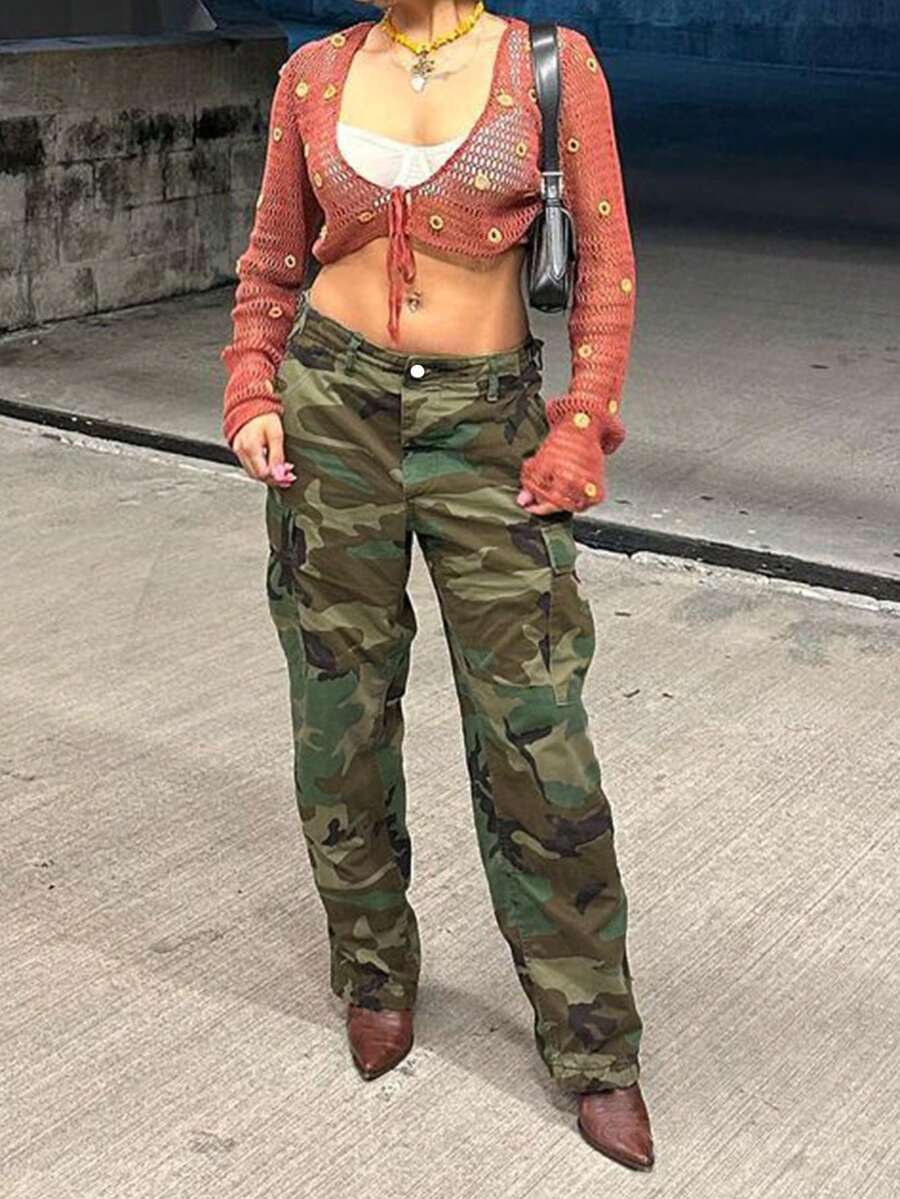 女式迷彩图案休闲街头风格工装牛仔裤 - 軍綠色 - 查看 1