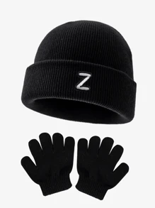 Set de 2 piezas de gorro de punto y guantes suaves, cálidos y a prueba de viento con 26 letras, adecuado para bebés niños y niñas en otoño e invierno