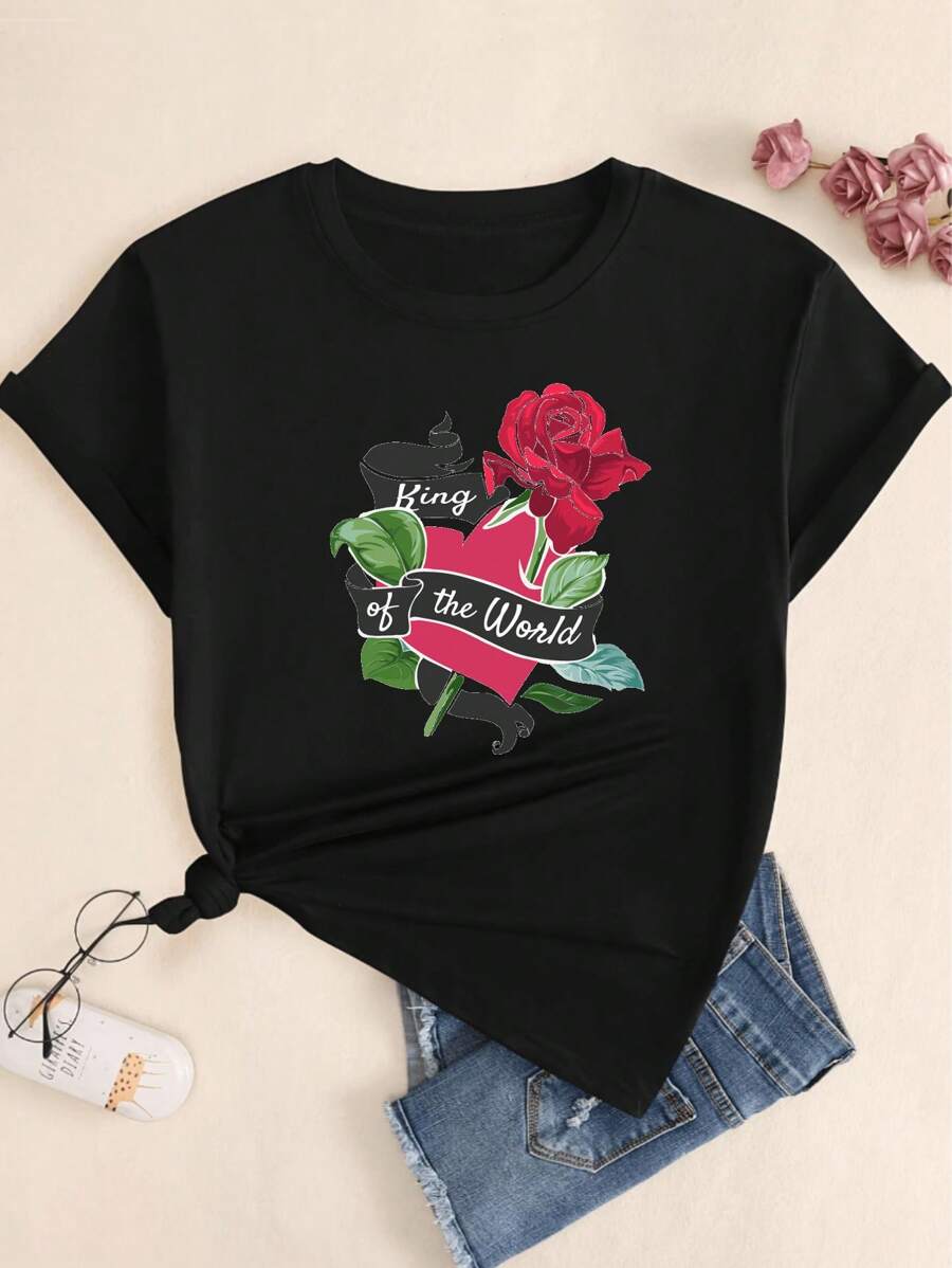 T-Shirt Cotton T-Shirt Style Art Nature Floral Comfort Breathable Premium Babylook Summer - 黑色 - 查看 1