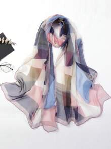 1pc Color Block Print Thin Scarf, Beach Sunscreen Travel Shawl Vintage Casual Long Chiffon Silk Geometric Patch Print Scarf Large Wrap, Summer Women Hair Accessories