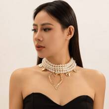 复古仿珍珠夸张多层堆叠大心形珍珠项链 - CCB - 查看 6