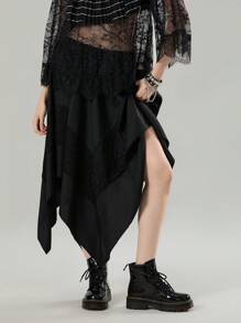 Women's Gothic Steampunk Skirt Vintage Contrast Lace Irregular Skirt Renaissance Skirt Cosplay Costume - màu đen - Xem 8
