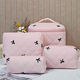 多功能蝴蝶结绗缝粉色拉链化妆包，节日流行可爱少女心便携式化妆品收纳包化妆包化妆品收纳盒化妆品收纳