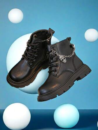 1pair New Design Iron Chain Big Skull Decor Side Zip  Boots For Kids