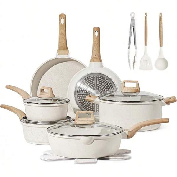 Pots And Pans Set Nonstick, White Granite Induction Kitchen Cookware Set, 10 Pcs Non Stick Cooking Set W/Frying Pans & Saucepans(PFOS, PFOA Free)