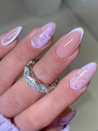 24片紫色猫眼按压法式指甲尖闪光波浪指甲+1果冻胶+1擦剂适用于女士和女孩日常指甲装饰美甲用品指甲