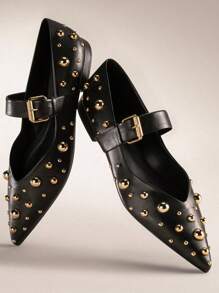 Rivit Punk Women Ballet Pumps Pointed Toe Block Heel Buckle Cool Fashion Dress Classic Girls Mary Jane Shoes - 黑色 - 查看 2