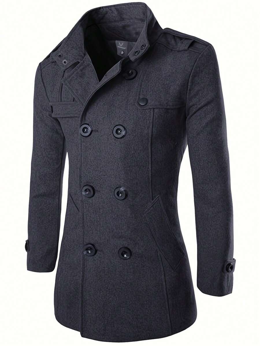 2024 Men's New Classic Double-Breasted Long Sleeve Overcoat Outerwear, For Fall Winter - Dark Grey - View 1