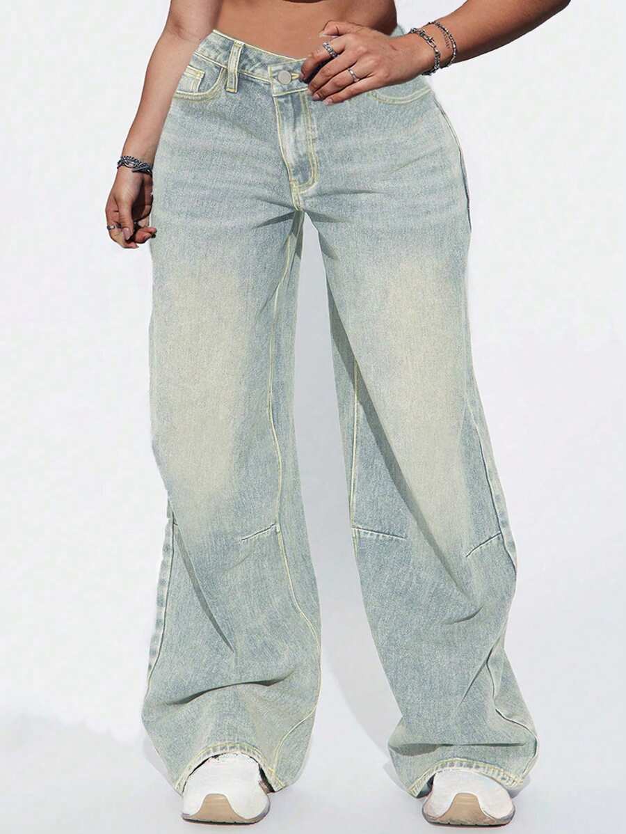排扣设计男友风浅蓝色复古牛仔直筒裤女秋季休闲阔腿牛仔裤 - 淺色水洗藍 - 查看 1