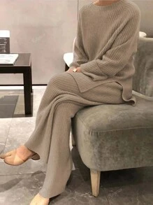 Set de 2 piezas de suéter informal de manga dolman de cuello redondo y pantalón ancho de vestir cómodo y sólido para mujer